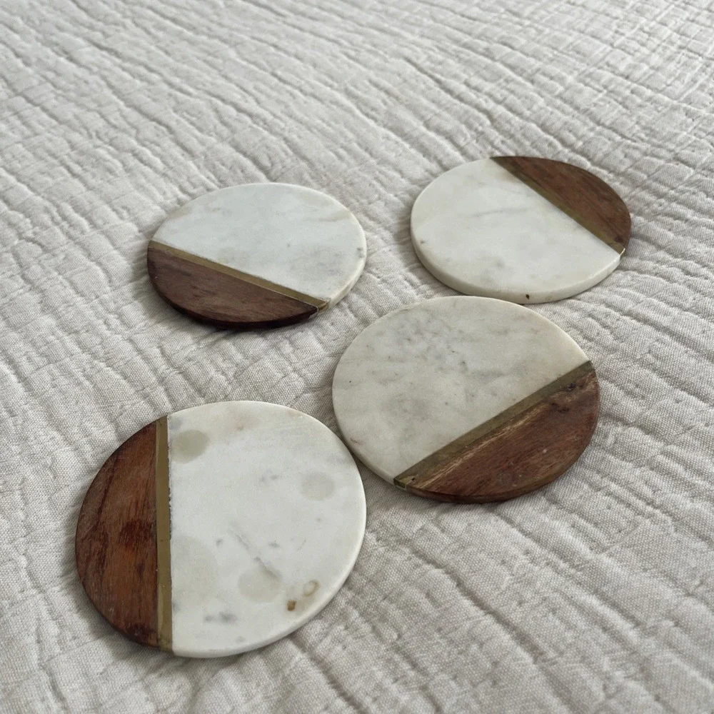 Hand Carved Marble Brass & Wood Coasters - Set of 4